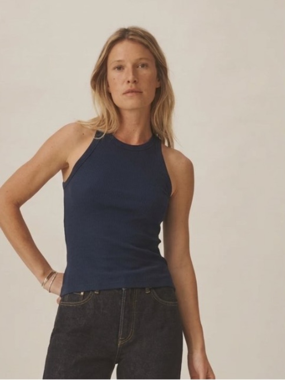 Buck Mason marled dark navy surplus rib tank top size M New minimalist stretch